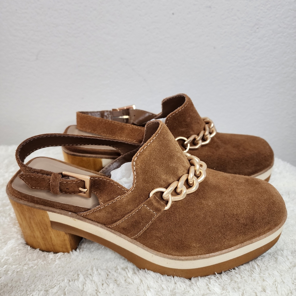 Bernardo Sochi Tan Suede Slingback Platform with Gold Chain Size 6.5